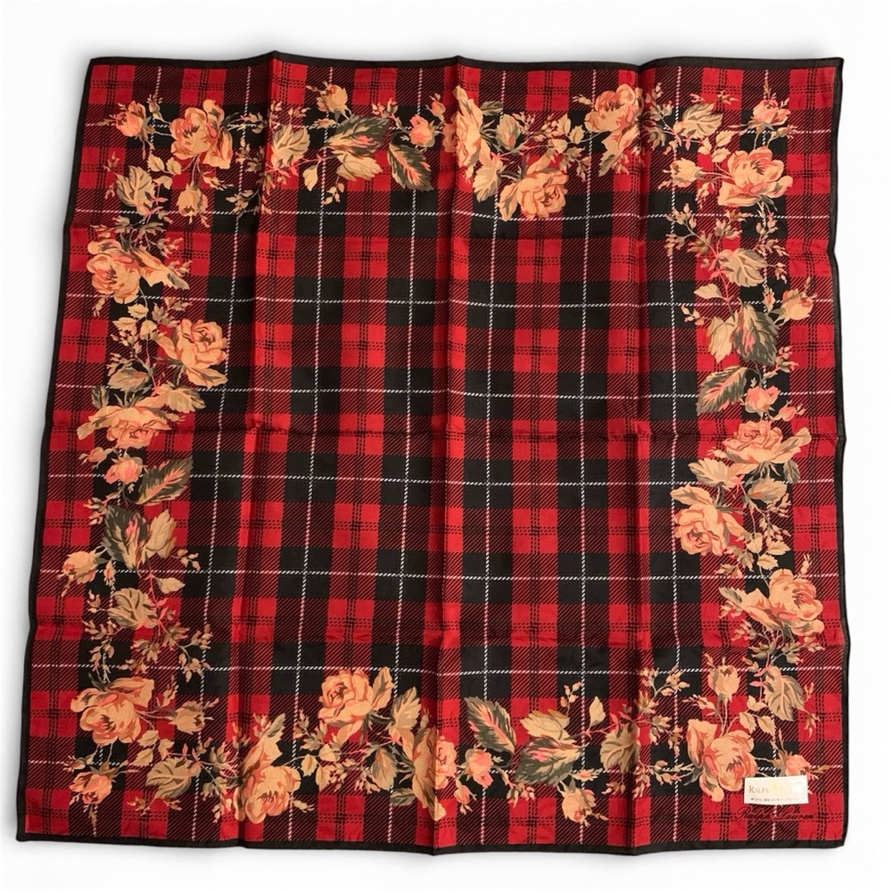 Vintage Ralph Lauren Floral Handkerchief Cotton Pocket Square 19.5” Unused Japan